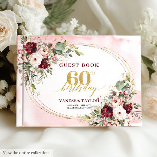 Chic Boho Burgunder Gold Rahmen Floral 60. Geburts Gästebuch