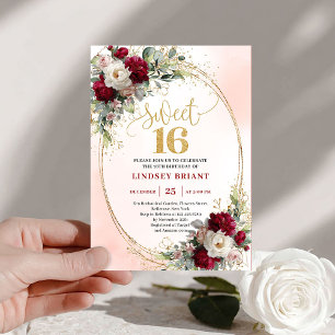 Chic Boho Burgunder-Rosa-Gold Blumen Sweet Sixteen Einladung
