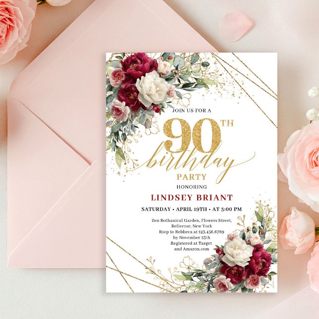 Chic Boho Burgundy Blush Floral Gold 90th Birthday Einladung (Chic Burgundy Blush Floral Gold 90th Birthday Invite)