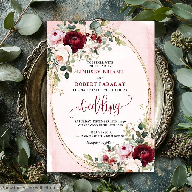Chic Boho Burgundy Blush Gold Floral Invitation Einladung (Chic Boho Burgundy Blush Gold Floral Invitation)