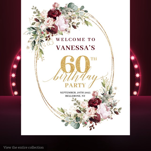 Chic Boho Burgundy Gold Eucalyptus 60th Backdrop Wandteppich (Chic Boho Burgundy Gold Eucalyptus 60th Backdrop)