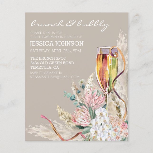 Chic Boho Champagne Brunch Bubbly Birthday Party (Vorderseite)