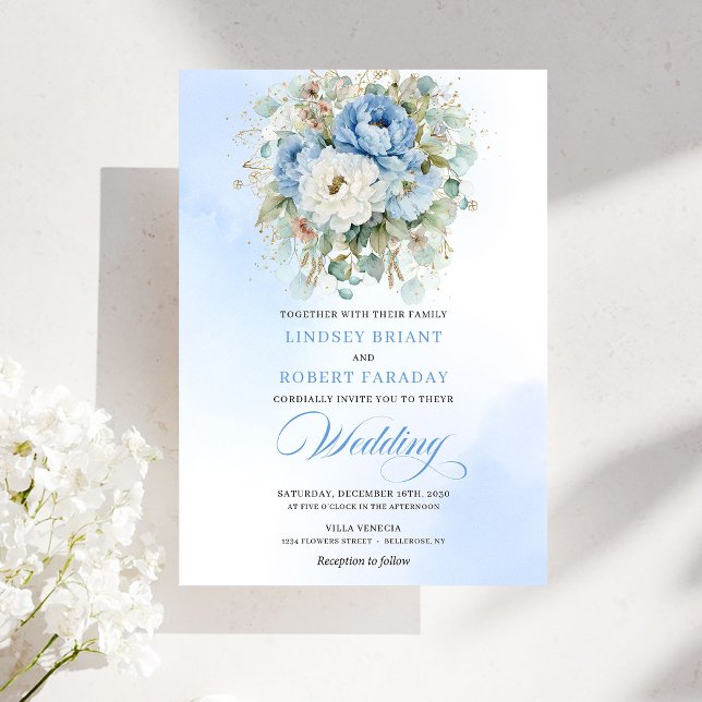Chic Boho Dusty Blue Peony Gold Wedding Invitation Einladung (Chic Boho Dusty Blue Peony Gold Wedding Invitation)