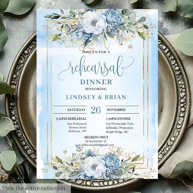 Chic Boho Dusty Probe Einladung (Chic Dusty Blue White Peony Rehearsal Dinner Invite)
