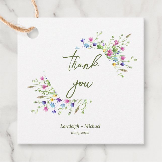 Chic boho einfache Wildblumen Hochzeit Geschenkanhänger (Vorderseite)