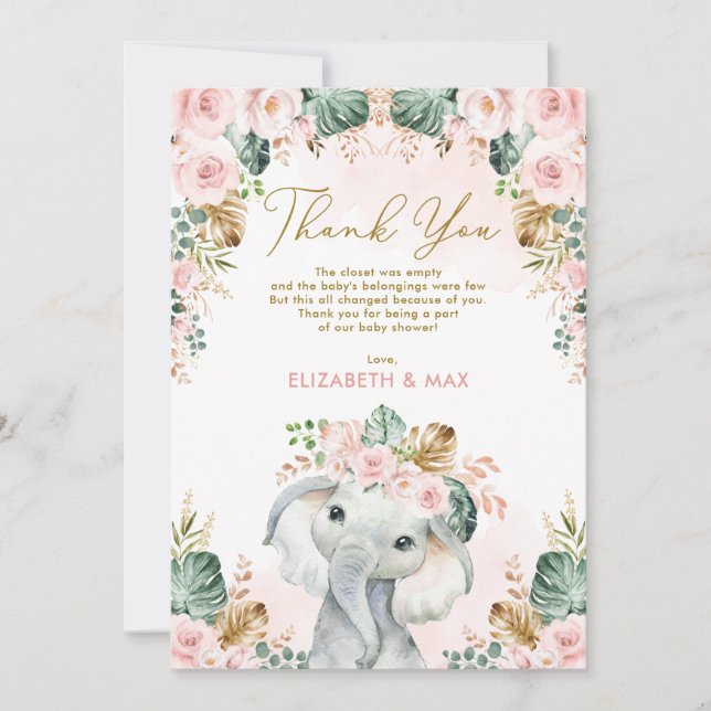 Chic Boho Elephant Blush Pink Floral Baby Dusche Dankeskarte (Vorderseite)