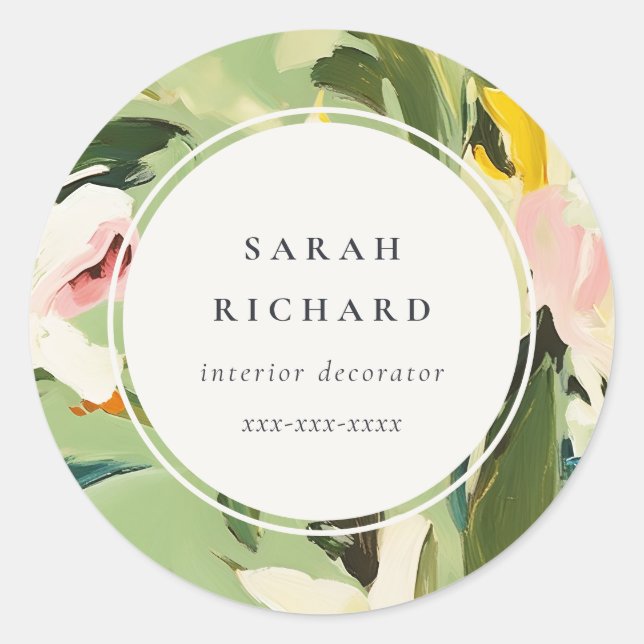 Chic Boho farbenfroh grünes, rosa gestrichen, flor Runder Aufkleber (Vorderseite)