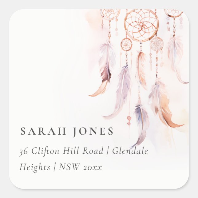 Chic Boho Feather Dreamcatcher Wasserfarbe Adresse Quadratischer Aufkleber (Vorderseite)