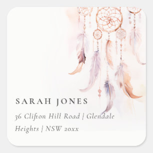 Chic Boho Feather Dreamcatcher Wasserfarbe Adresse Quadratischer Aufkleber