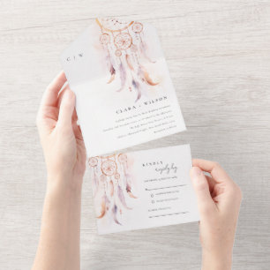 Chic Boho Feather Dreamcatcher Watercolor Wedding All In One Einladung