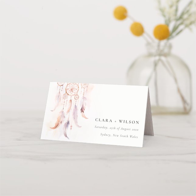 Chic Boho Feather Dreamcatcher Watercolor Wedding Platzkarte (Vorderseite)