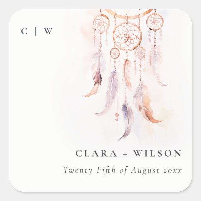 Chic Boho Feather Dreamcatcher Watercolor Wedding Quadratischer Aufkleber (Vorderseite)