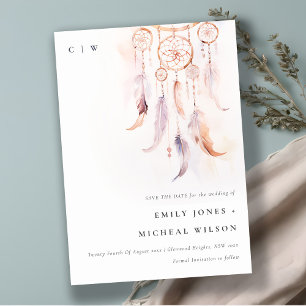 Chic Boho Feather Dreamcatcher Watercolor Wedding Save The Date