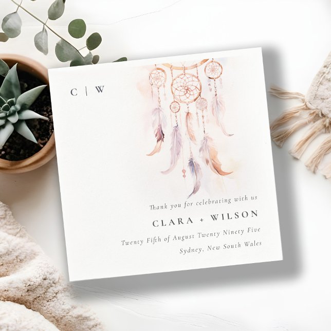 Chic Boho Feather Dreamcatcher Watercolor Wedding Serviette (Von Creator hochgeladen)