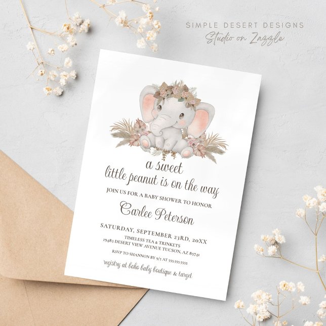 Chic Boho Floral Elephant Baby Dusche Einladung (Cute Elephant Baby Shower Invitation with Boho Floral Pampas Grass Gender Neutral)