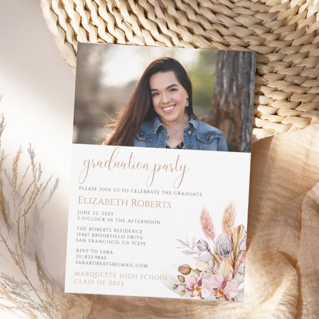 Chic Boho Floral Pampas Grass Abschluss Einladung (Von Creator hochgeladen)