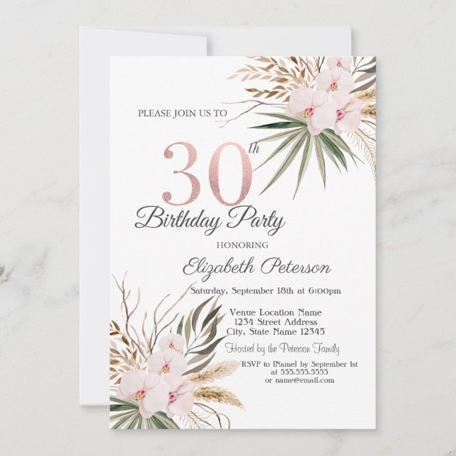 Chic Boho Flowers 30th Birthday Einladung (Vorderseite)