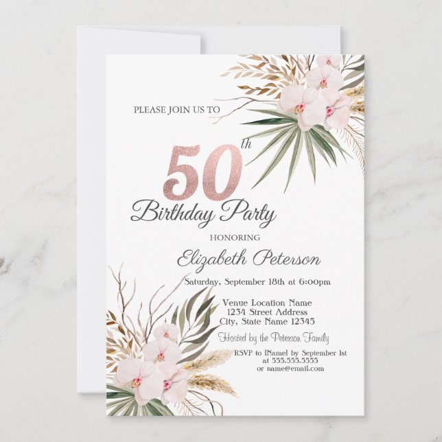 Chic Boho Flowers 50th Birthday Einladung (Vorderseite)