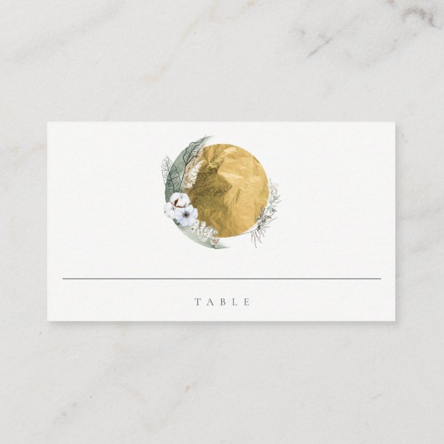 Chic Boho Gold Saga Green Floral Wreath Wedding Platzkarte (Rückseite)