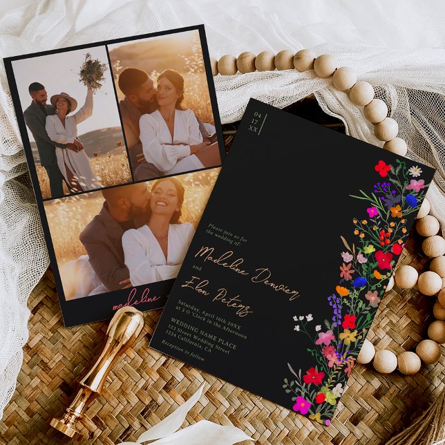 Chic boho helle wilde Blume 3 Fotos Hochzeit Einladung (Von Creator hochgeladen)