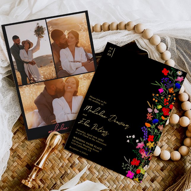 Chic boho helle wilde Blume 3 Fotos Hochzeit Folieneinladung (Von Creator hochgeladen)