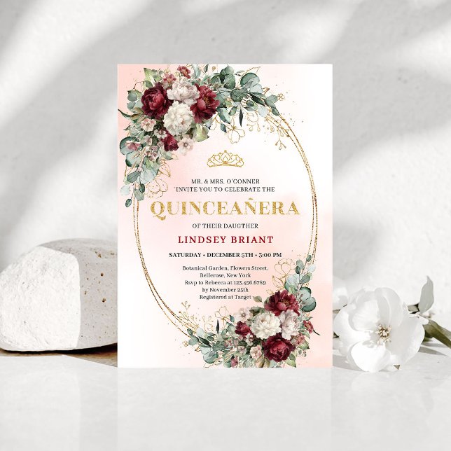 Chic Boho Marsala Flowers 15th Birthday Invitation Einladung (Chic Boho Marsala Flowers 15th Birthday Invitation)