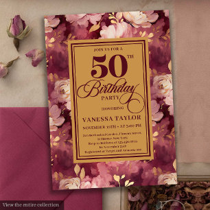 Chic Boho Marsala Gold Blume 50. Geburtstag Einladung