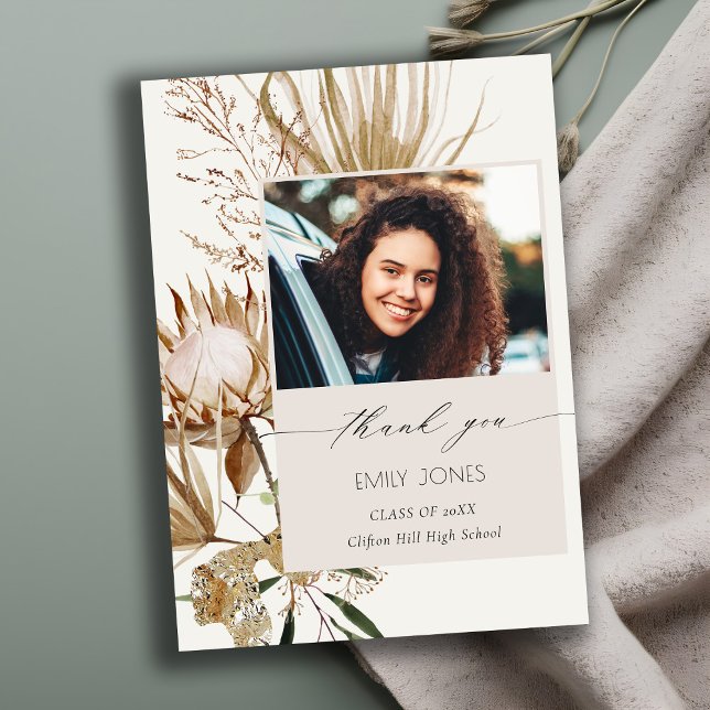 Chic Boho Protea Dry Palm Foto Abschluss Dankeskarte (Von Creator hochgeladen)