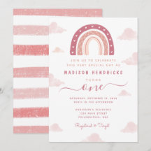 Chic Boho Rainbow and Clouds Pastel Pink Birthday