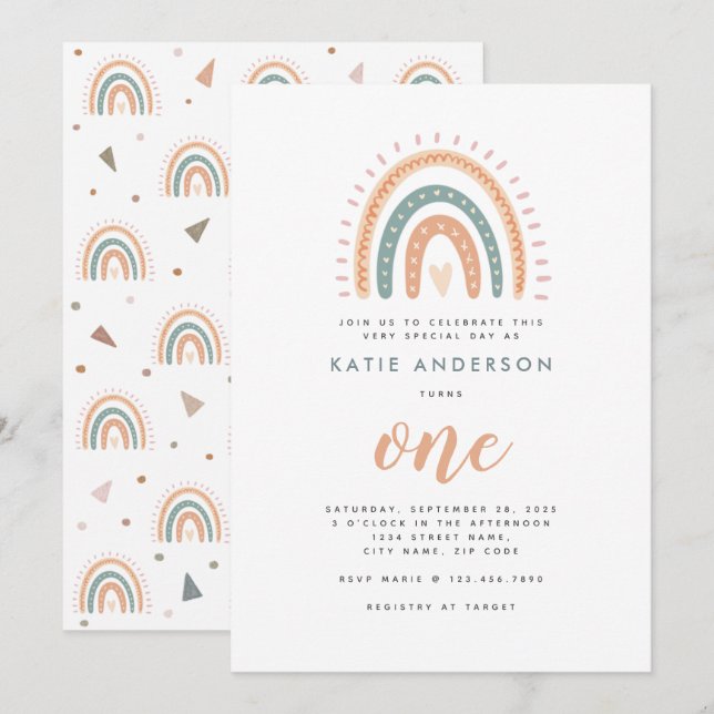 Chic Boho Rainbow Pastel Erster Geburtstag Einladung (Vorne/Hinten)