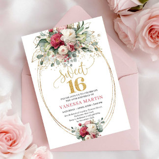 Chic Boho Rotes Burgundergrün Sweet 16 Geburtstag Einladung