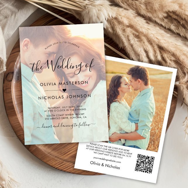 Chic Boho Script Foto Overlay QR Code Hochzeit Einladung (Von Creator hochgeladen)