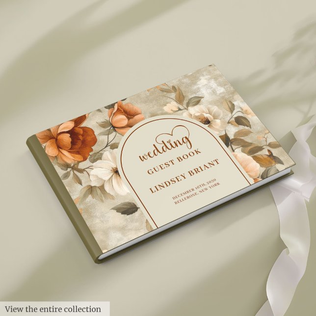 Chic Boho verbranntes Orange Elfenbein Oliven Blum Gästebuch (Chic Boho Burnt Orange Ivory Olive Floral Wedding Guest Book

)