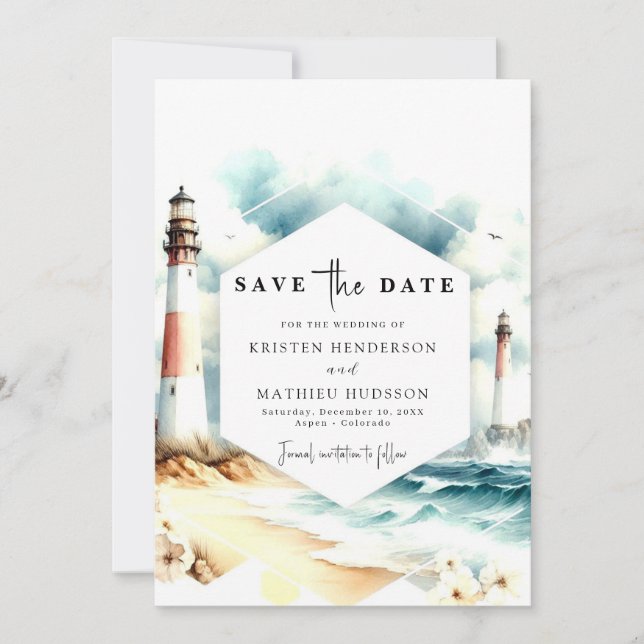 Chic Boho Waves Lighthouse Wedding Save The Date (Vorderseite)
