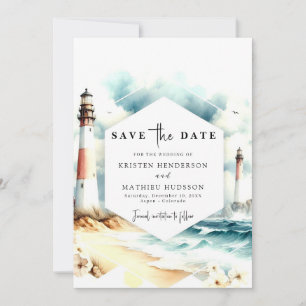 Chic Boho Waves Lighthouse Wedding Save The Date