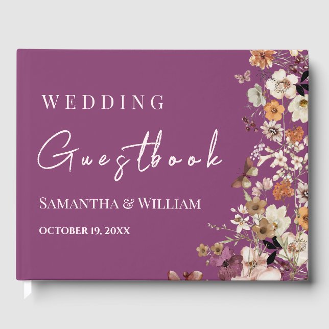 Chic Boho Wildblume Rustic Berry Lila Wedding Gästebuch (Vorderseite)
