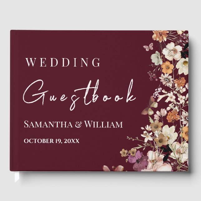 Chic Boho Wildblume Rustic Burgundy Wedding Gästebuch (Vorderseite)