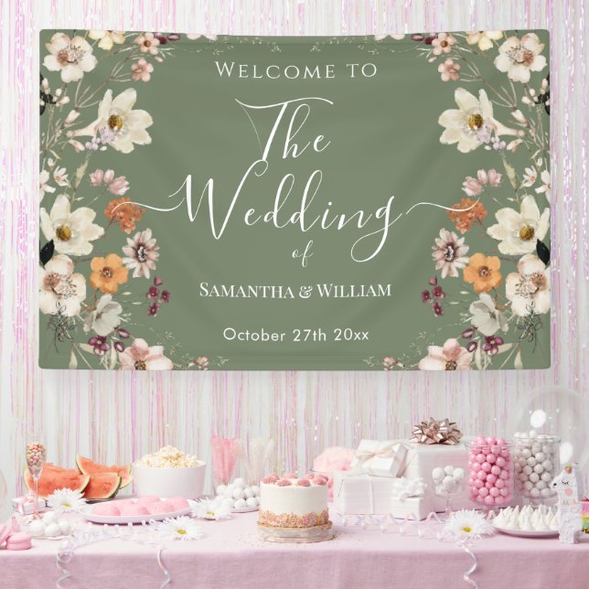 Chic Boho Wildblume Rustic Sage Green Wedding Banner (Party)