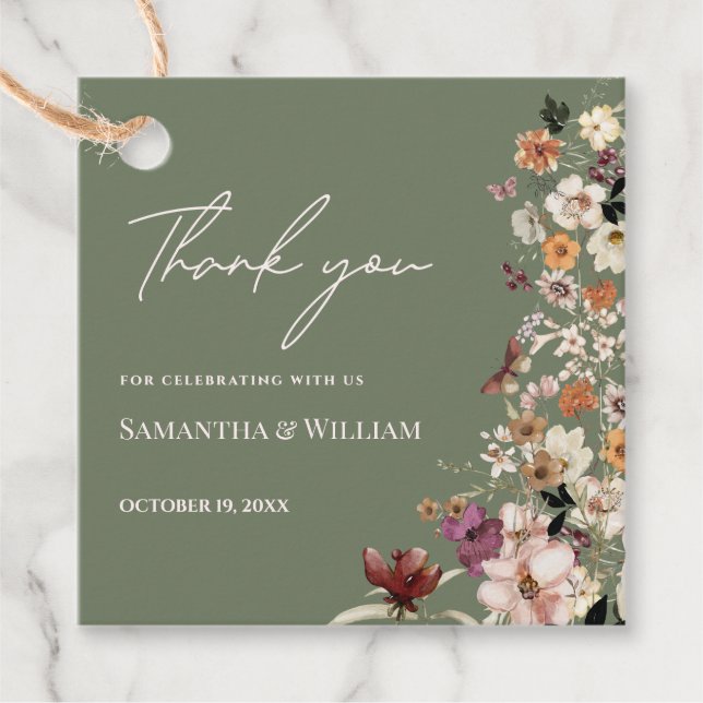 Chic Boho Wildblume Rustic Sage Green Wedding Geschenkanhänger (Vorderseite)