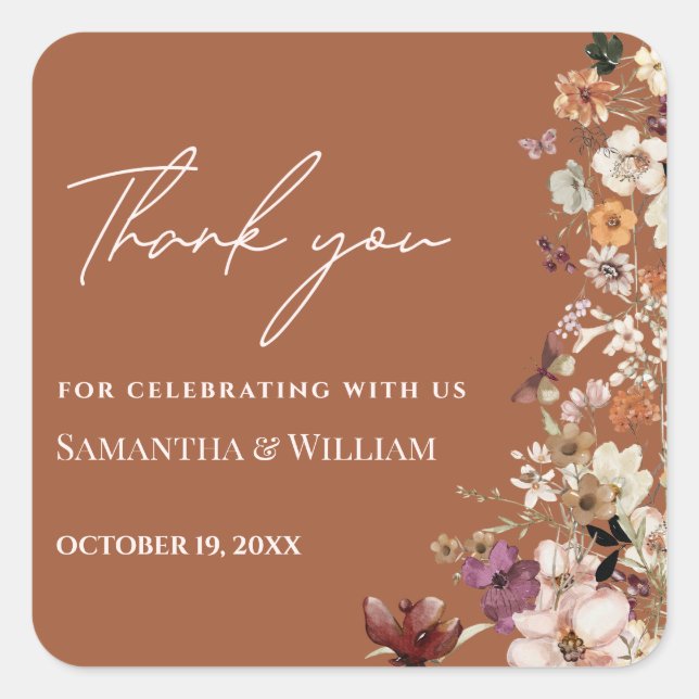 Chic Boho Wildblume Rustic Terracotta Wedding Quadratischer Aufkleber (Vorderseite)