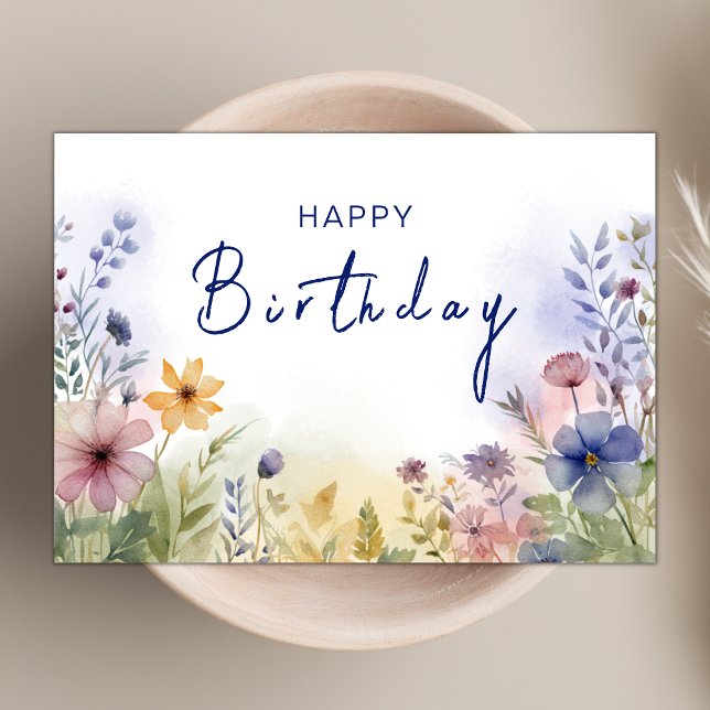 Chic Boho Wildblume Theme Navy Happy Birthday Karte (Von Creator hochgeladen)
