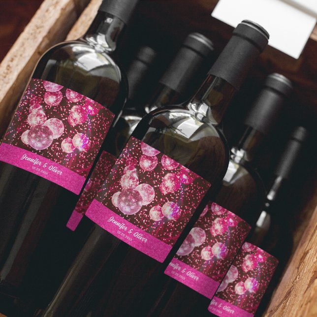 Chic Bold Pink Glitzer Retro Disco Balls Hochzeit Weinetikett (Front)