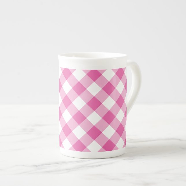 Chic Bone China Tasse: Rosa, Weißer Karo Gingham Prozellantasse (Vorderseite Rechts)