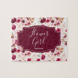 Chic Bordeaux und rosa Aquarell-Blumen Blumenmädch Puzzle