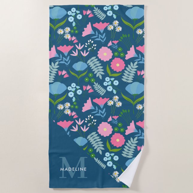 Chic Botanical Floral Elegant Navy Blue Monogram Strandtuch (Vorderseite)