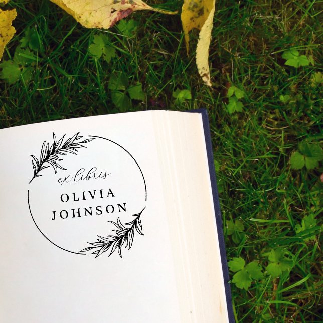 Chic Botanical Leaves Script Ex Libris Custom Name Gummistempel (Von Creator hochgeladen)