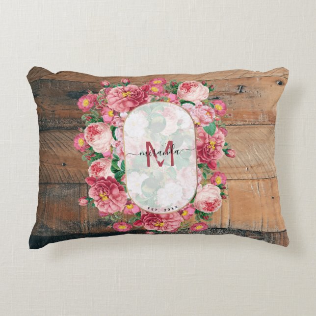 Chic Botanical Vintag Wreath Monogram Wood Dekokissen (Vorderseite)