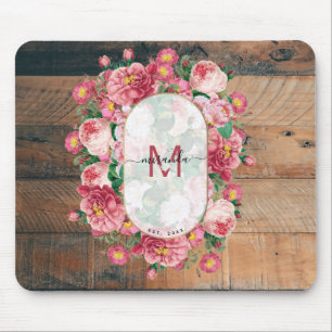 Chic Botanical Vintag Wreath Monogram Wood Mousepad