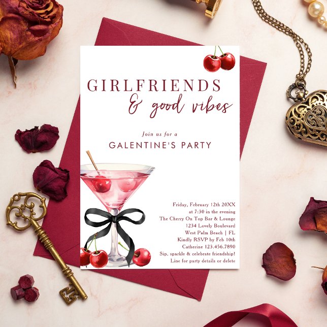 Chic Bow Cherry Martini Galentines Dinner Party Einladung (Von Creator hochgeladen)