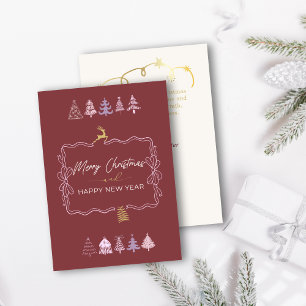Chic Bow & Trees Doodle Deep Crimson Holiday Card Feiertagskarte